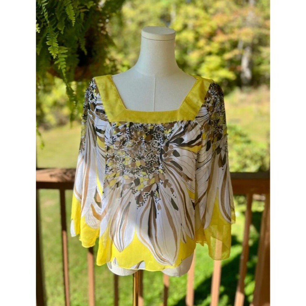 Myth Size L Yellow Abstract Floral Sheer Sleeve Boho Blouse